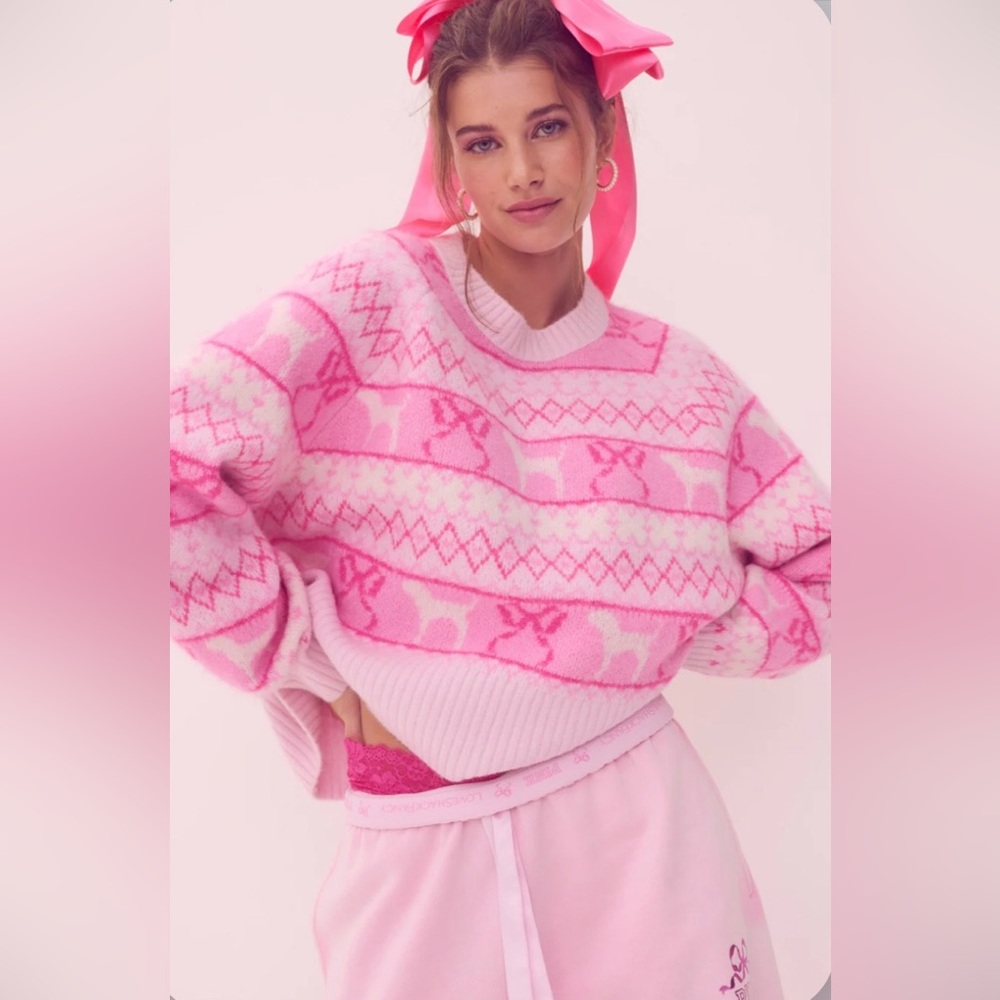 PINK X LoveShackFancy c Pink Fair isle Crew Boxy Full Sleeve Sweater- S - Picture 3 of 7